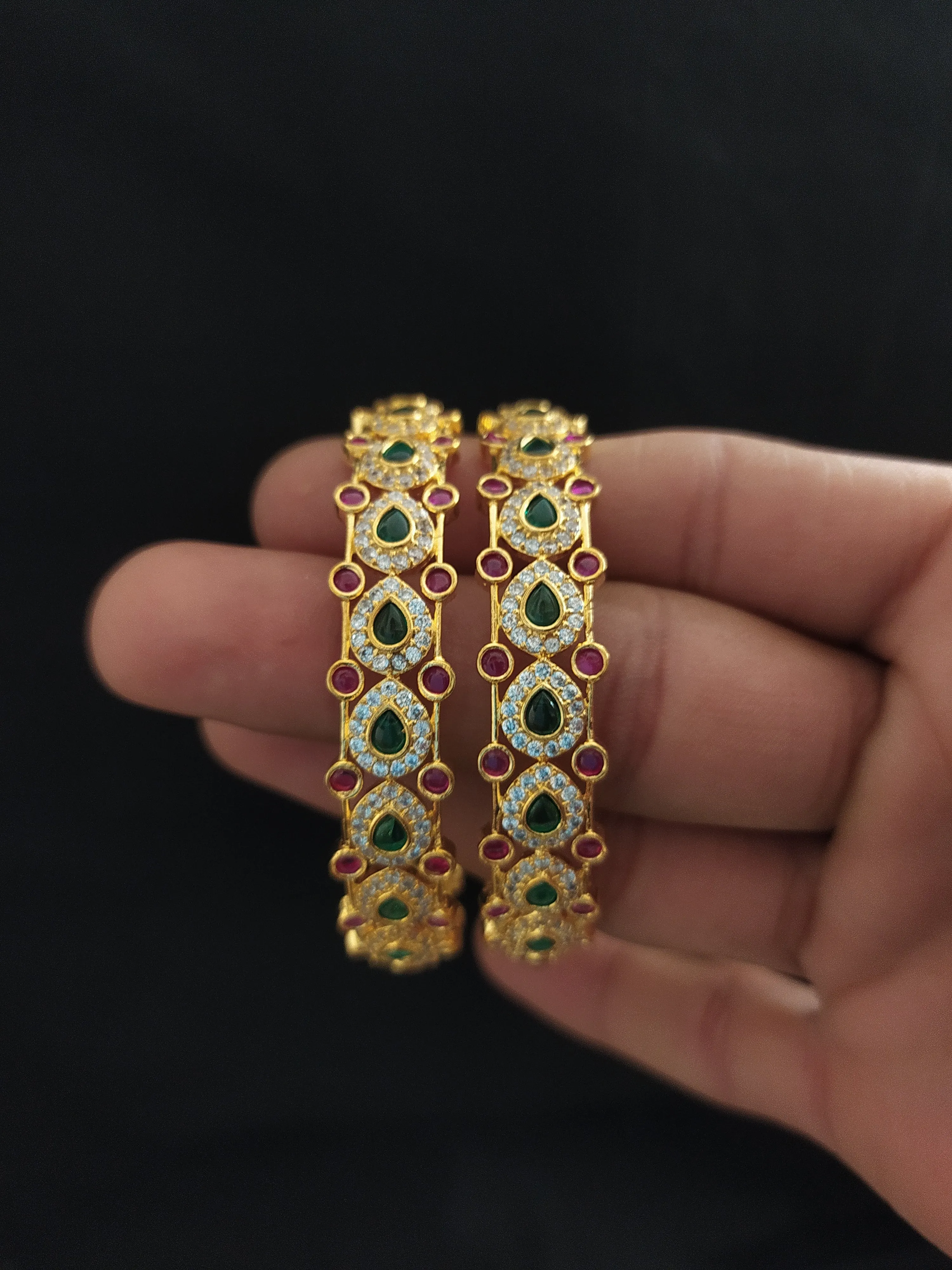 Alluring Design Ruby and Green Stones Zircon Bangles