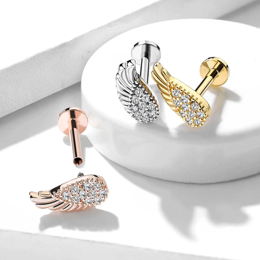 Angel Wing Descendant Body Jewellery with Rose Gold Plating. Labret, Monroe, Tragus and Cartilage Earrings.