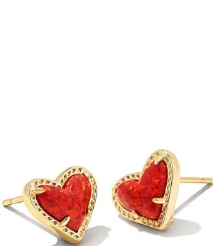 Ari Heart Stud Earring Gold - Red Kyocera Opal