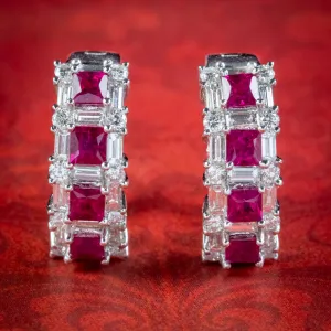 Art Deco Style Ruby Diamond Half Hoop Earrings 18ct White Gold 1.20ct Of Ruby 3ct Of Diamond