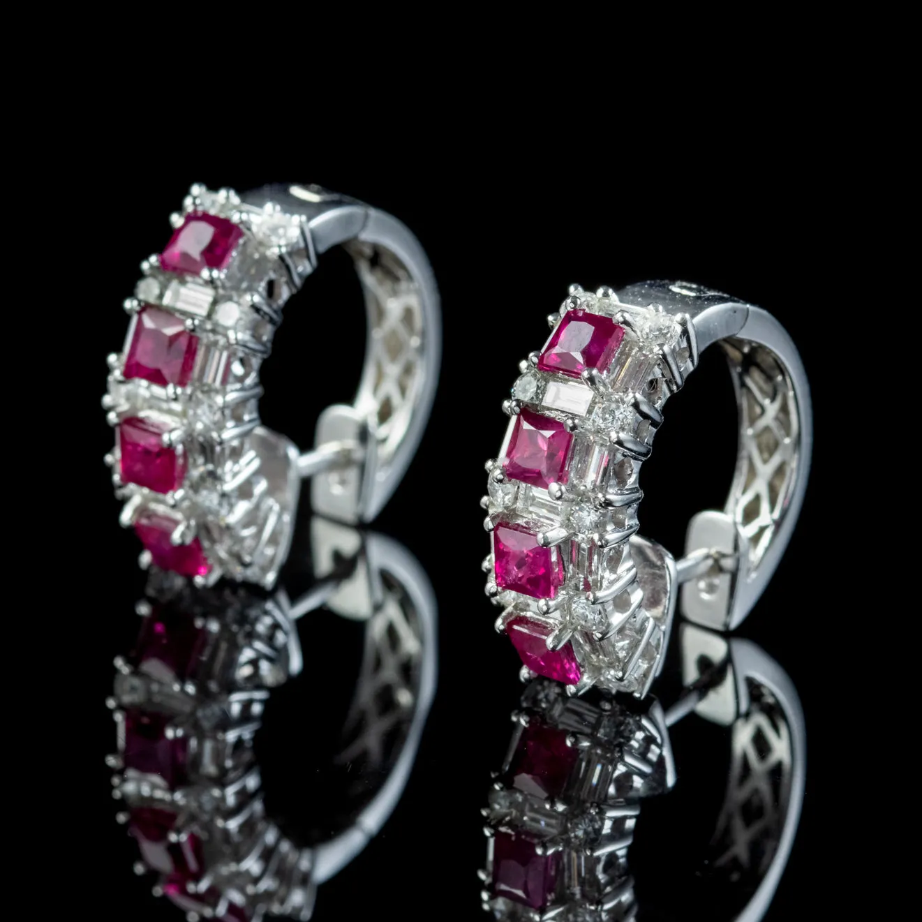 Art Deco Style Ruby Diamond Half Hoop Earrings 18ct White Gold 1.20ct Of Ruby 3ct Of Diamond