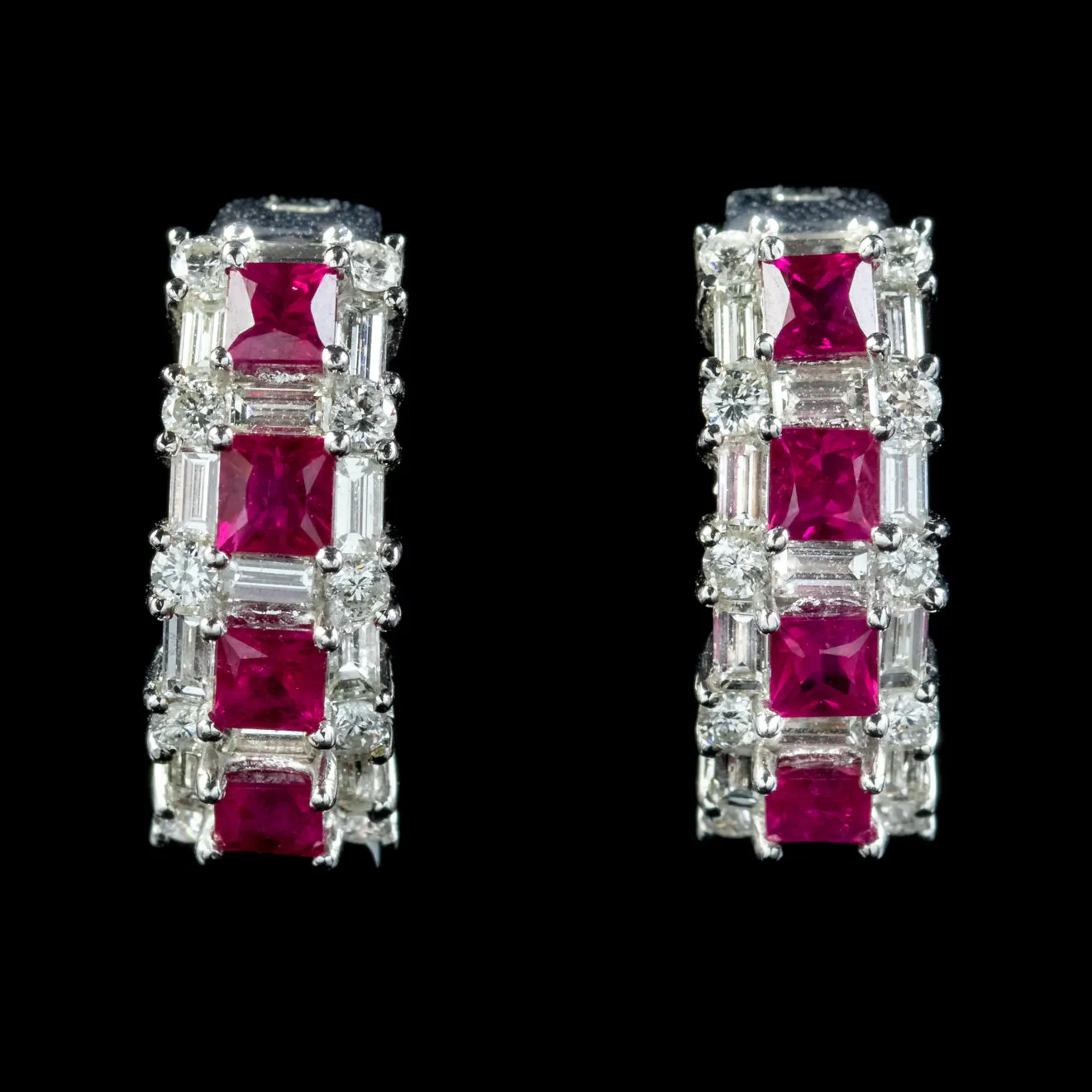 Art Deco Style Ruby Diamond Half Hoop Earrings 18ct White Gold 1.20ct Of Ruby 3ct Of Diamond