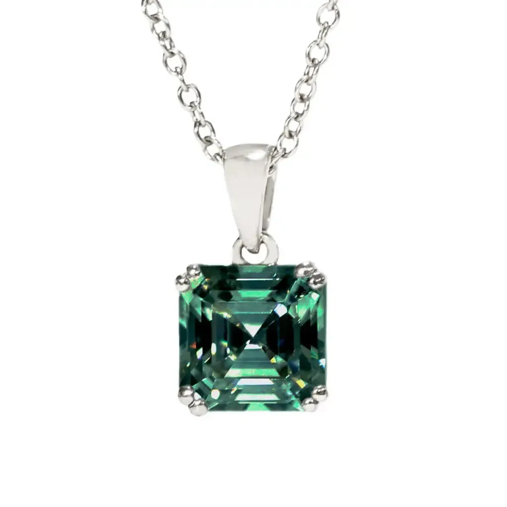 Asscher Forest Green Moissanite Solitaire Pendant in 18K gold