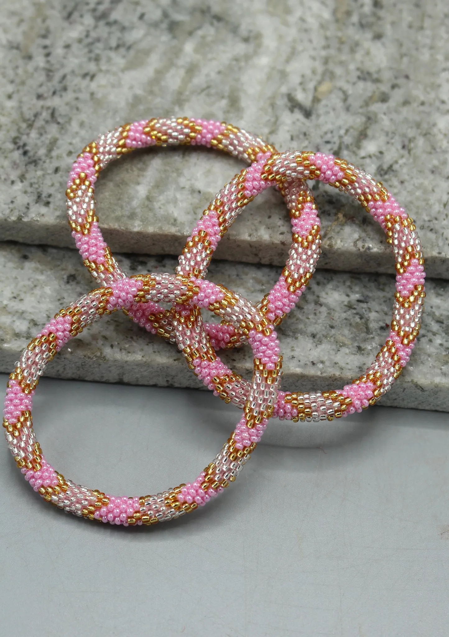 Baby Pink, Gold & Mixed Beads Nepalese Roll on Bracelet