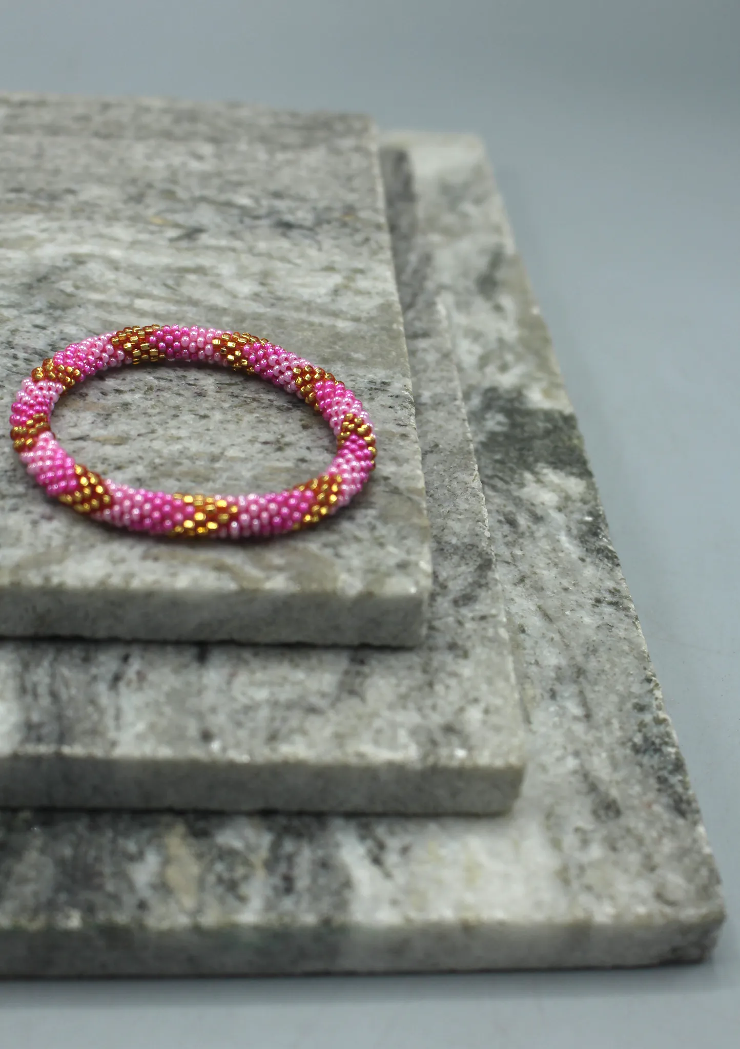 Baby Pink, Gold & Mixed Beads Nepalese Roll on Bracelet