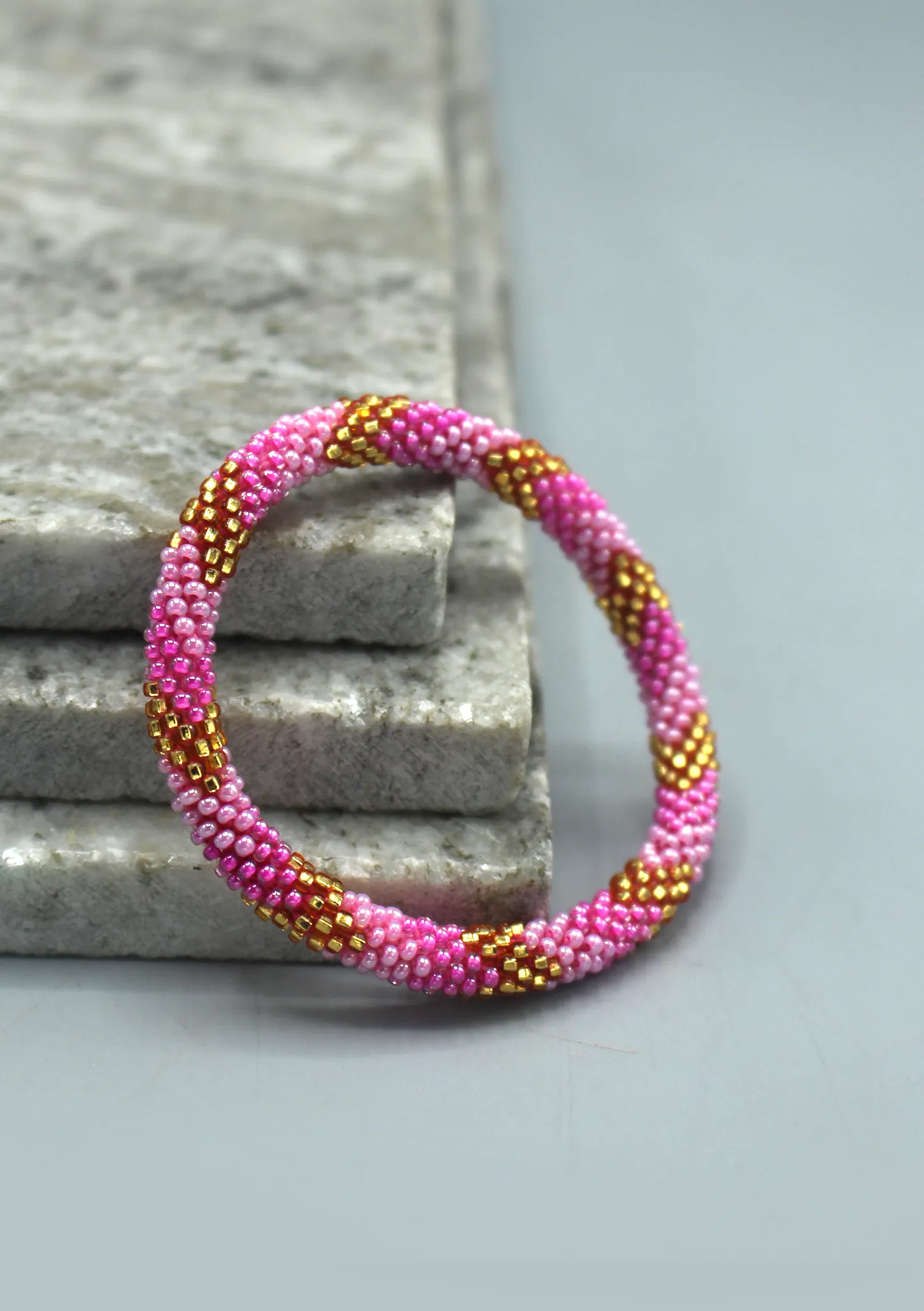 Baby Pink, Gold & Mixed Beads Nepalese Roll on Bracelet