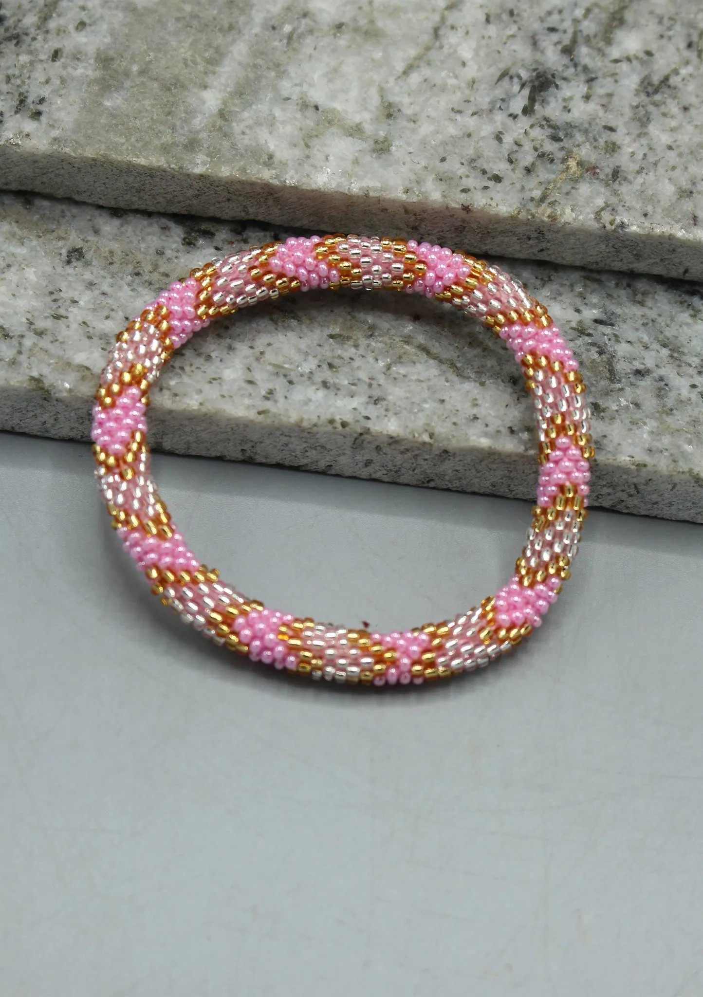 Baby Pink, Gold & Mixed Beads Nepalese Roll on Bracelet