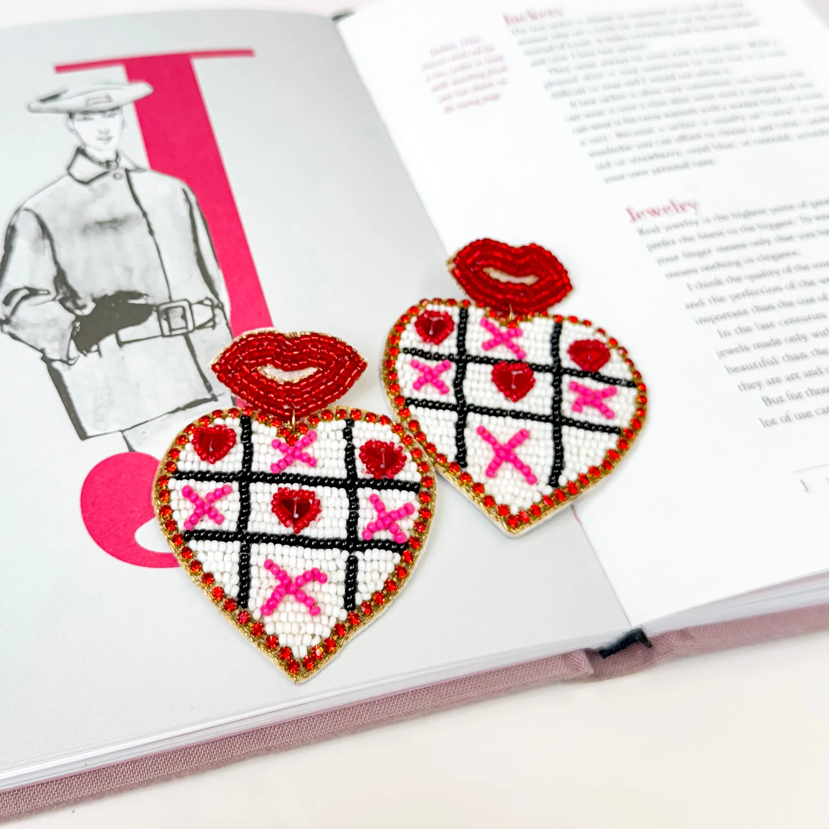 Beaded Heart Shaped Tic Tac Toe Earrings in Red