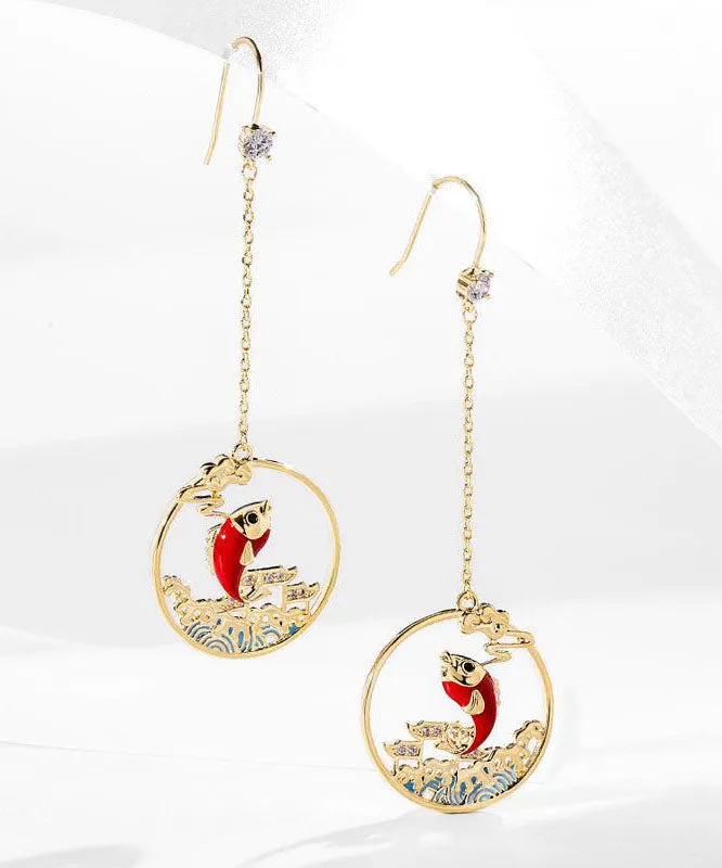 Beautiful Gold Orange Overgild Zircon Oil Drip Koi Fish Drop Earrings LY7836