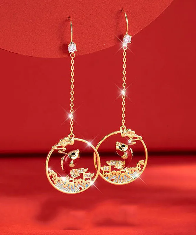 Beautiful Gold Orange Overgild Zircon Oil Drip Koi Fish Drop Earrings LY7836