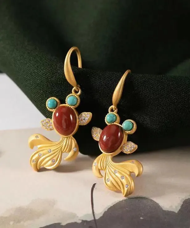 Beautiful Yellow Sterling Silver Overgild Agate Zircon Turquoise Goldfish Drop Earrings LY8977