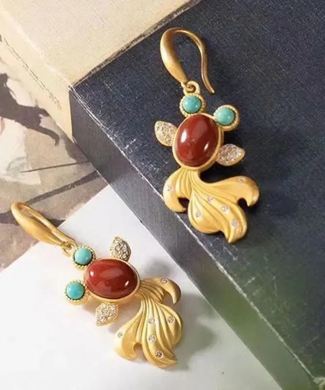 Beautiful Yellow Sterling Silver Overgild Agate Zircon Turquoise Goldfish Drop Earrings LY8977