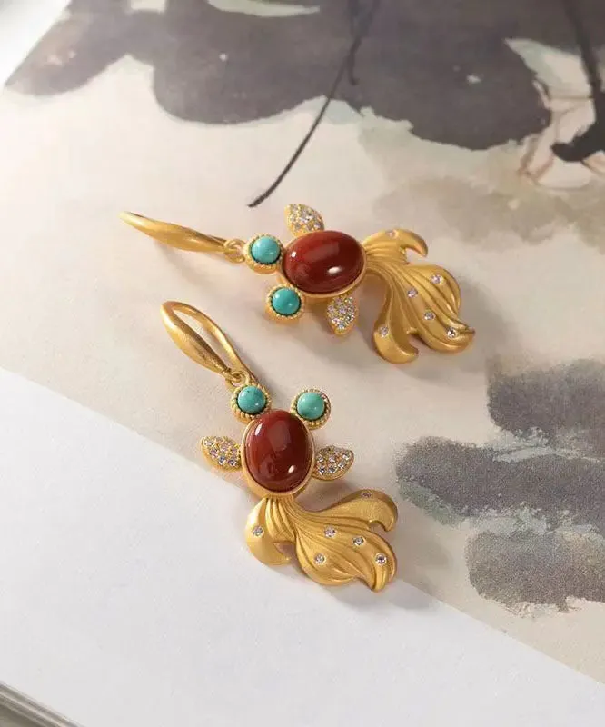 Beautiful Yellow Sterling Silver Overgild Agate Zircon Turquoise Goldfish Drop Earrings LY8977