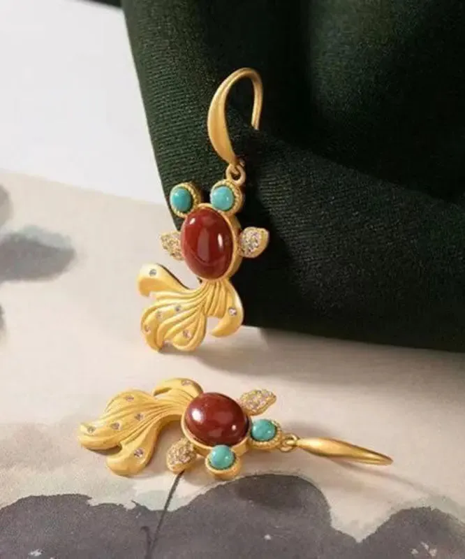 Beautiful Yellow Sterling Silver Overgild Agate Zircon Turquoise Goldfish Drop Earrings LY8977