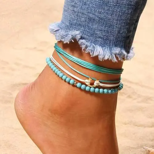 Bohemian Blue Beaded Multilayer Anklets Jewelry For Women