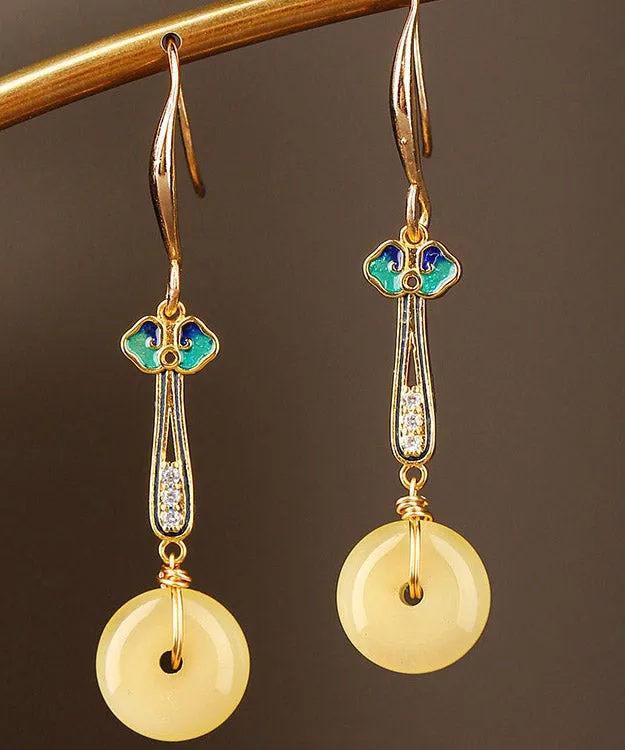 Boho Yellow Sterling Silver Cloisonne Coloured Glaze Zircon Drop Earrings LY2007