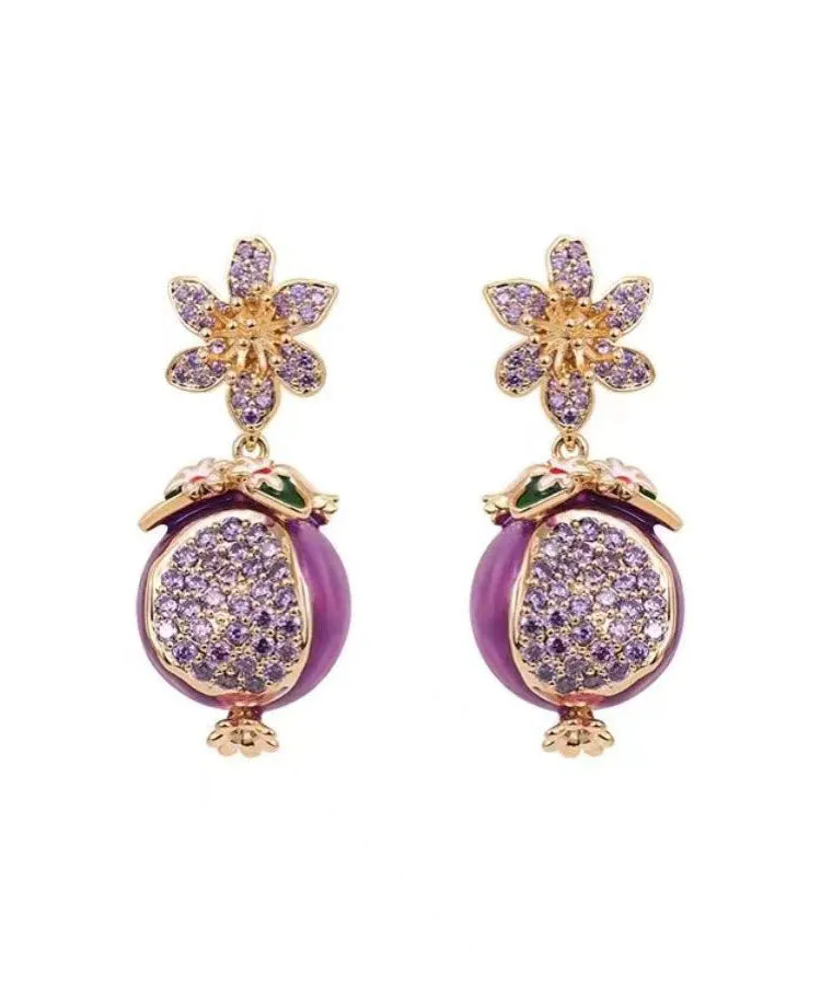 Boutique Purple Copper Zircon Drip Glaze Pomegranate Flower Drop Earrings WP015