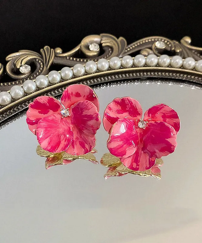 Casual Pink Metal Zircon Floral Stud Earrings LY2000