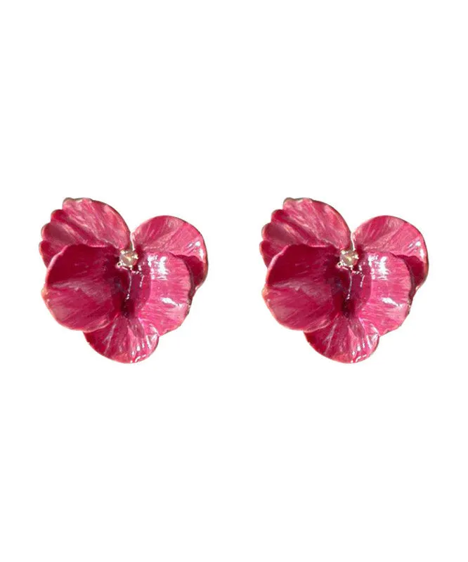 Casual Pink Metal Zircon Floral Stud Earrings LY2000