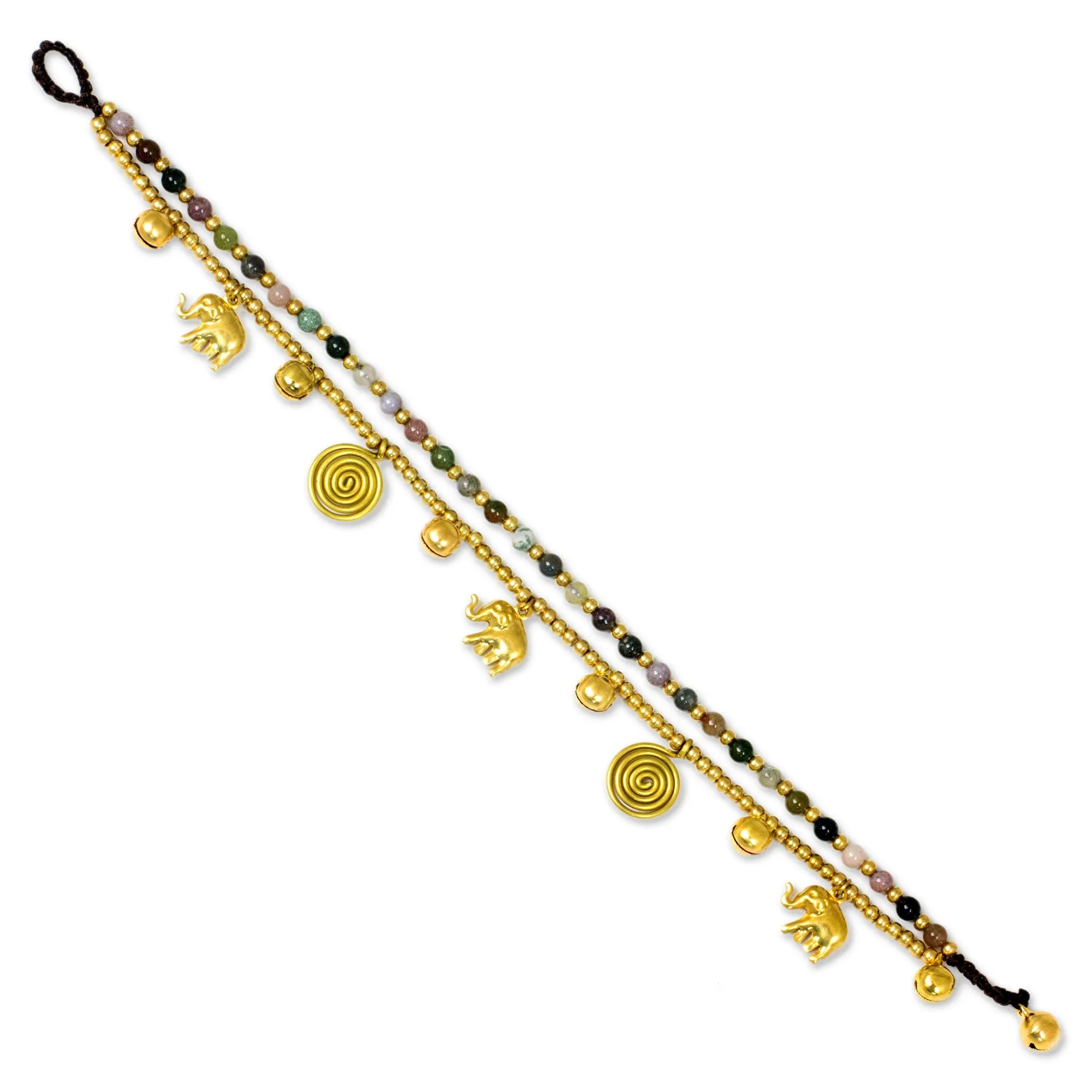 Colorful Thai Agate Bell Anklet with Brass Beads and Charms - Elephant Bells | NOVICA