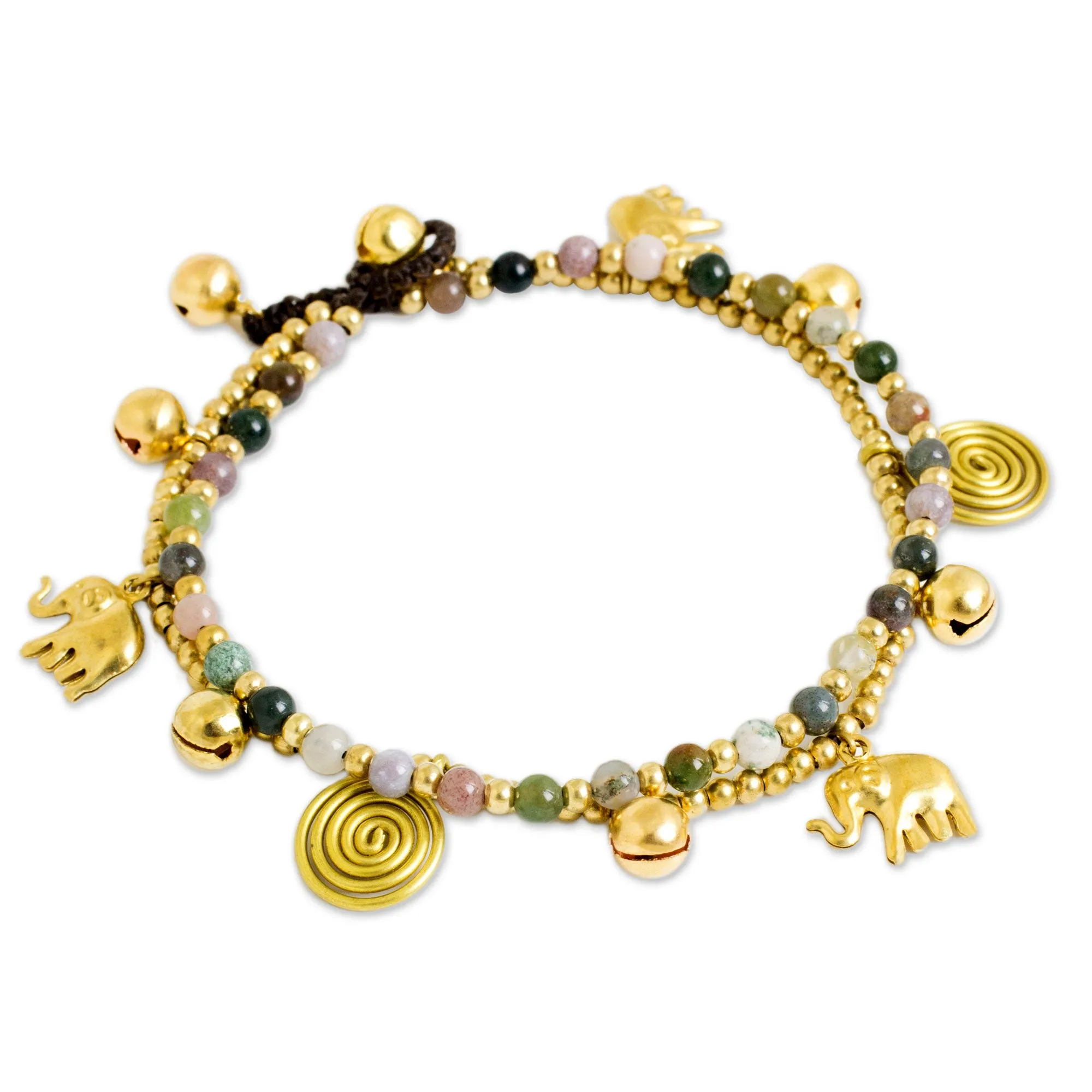 Colorful Thai Agate Bell Anklet with Brass Beads and Charms - Elephant Bells | NOVICA