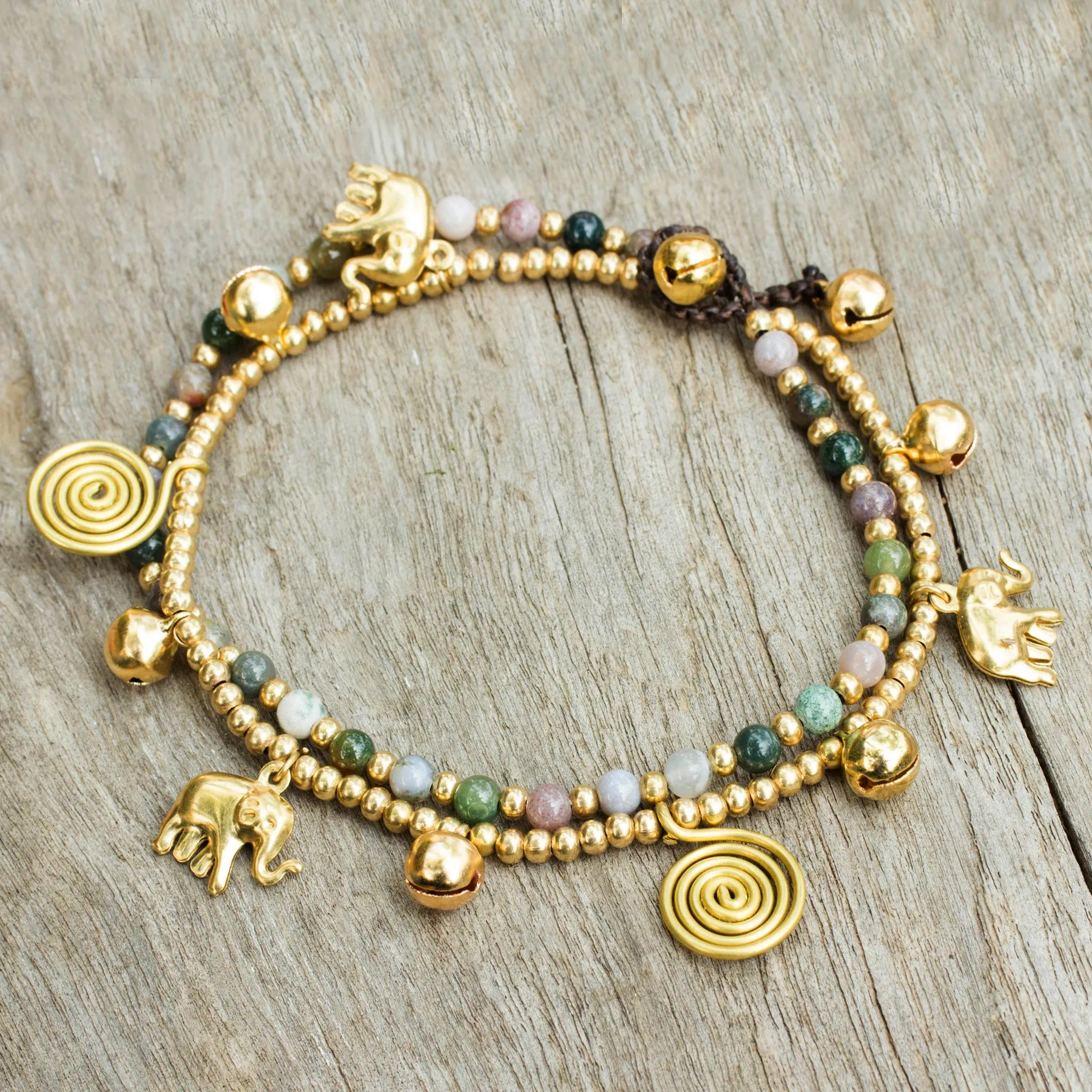 Colorful Thai Agate Bell Anklet with Brass Beads and Charms - Elephant Bells | NOVICA