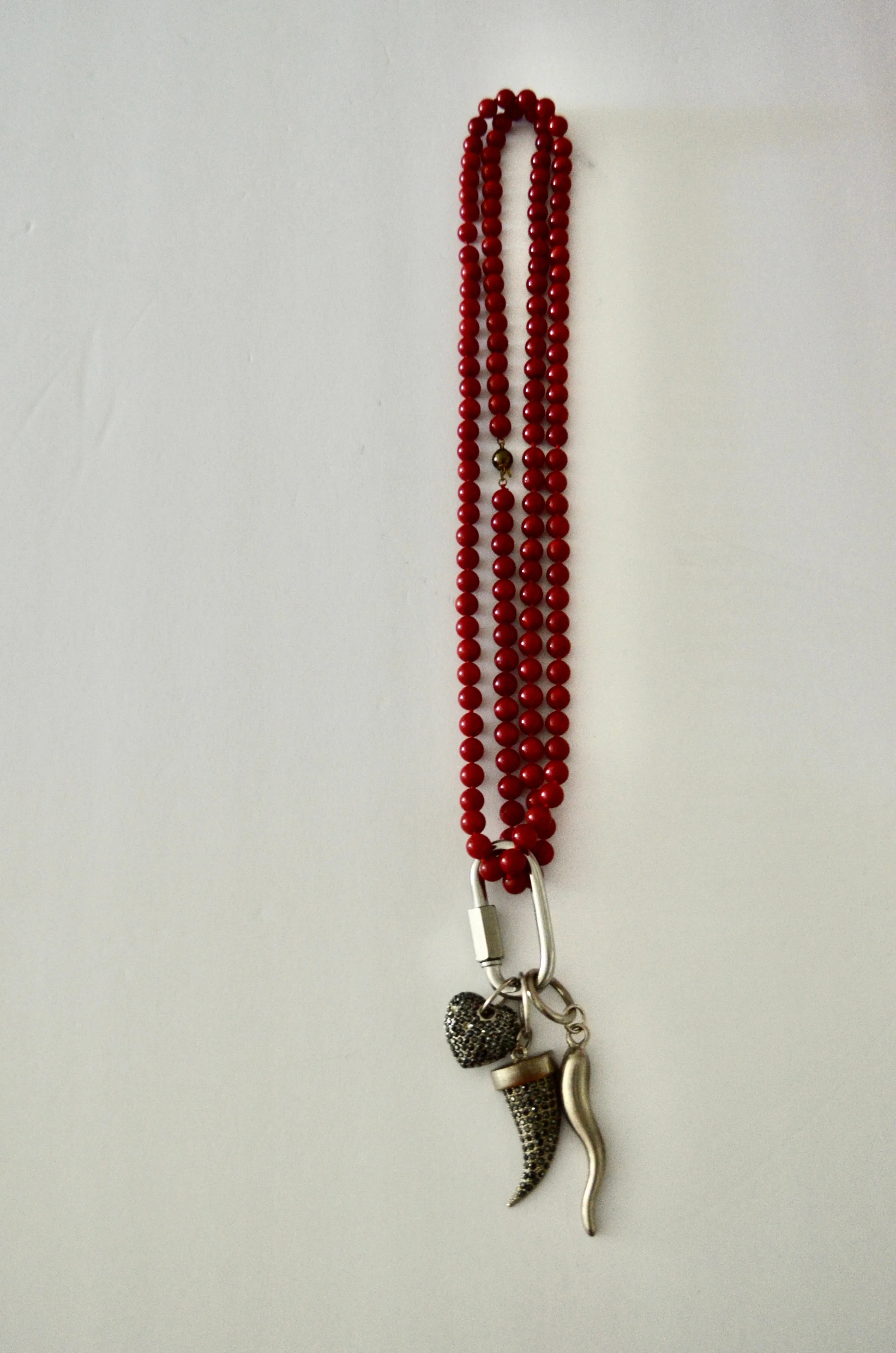 Coral Double Strand Necklace with Carabiner Lock Huge Pendants Statement Piece