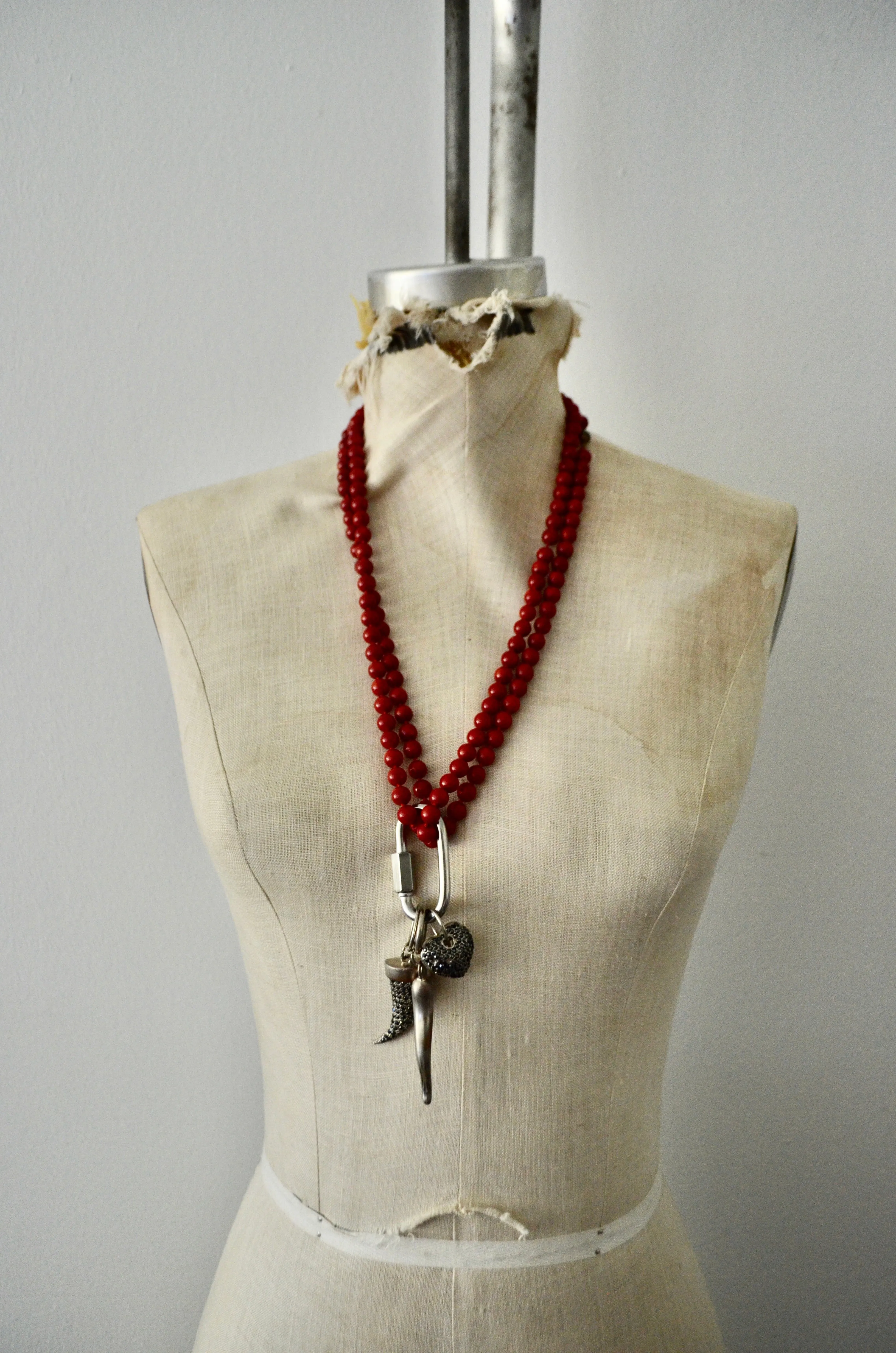 Coral Double Strand Necklace with Carabiner Lock Huge Pendants Statement Piece