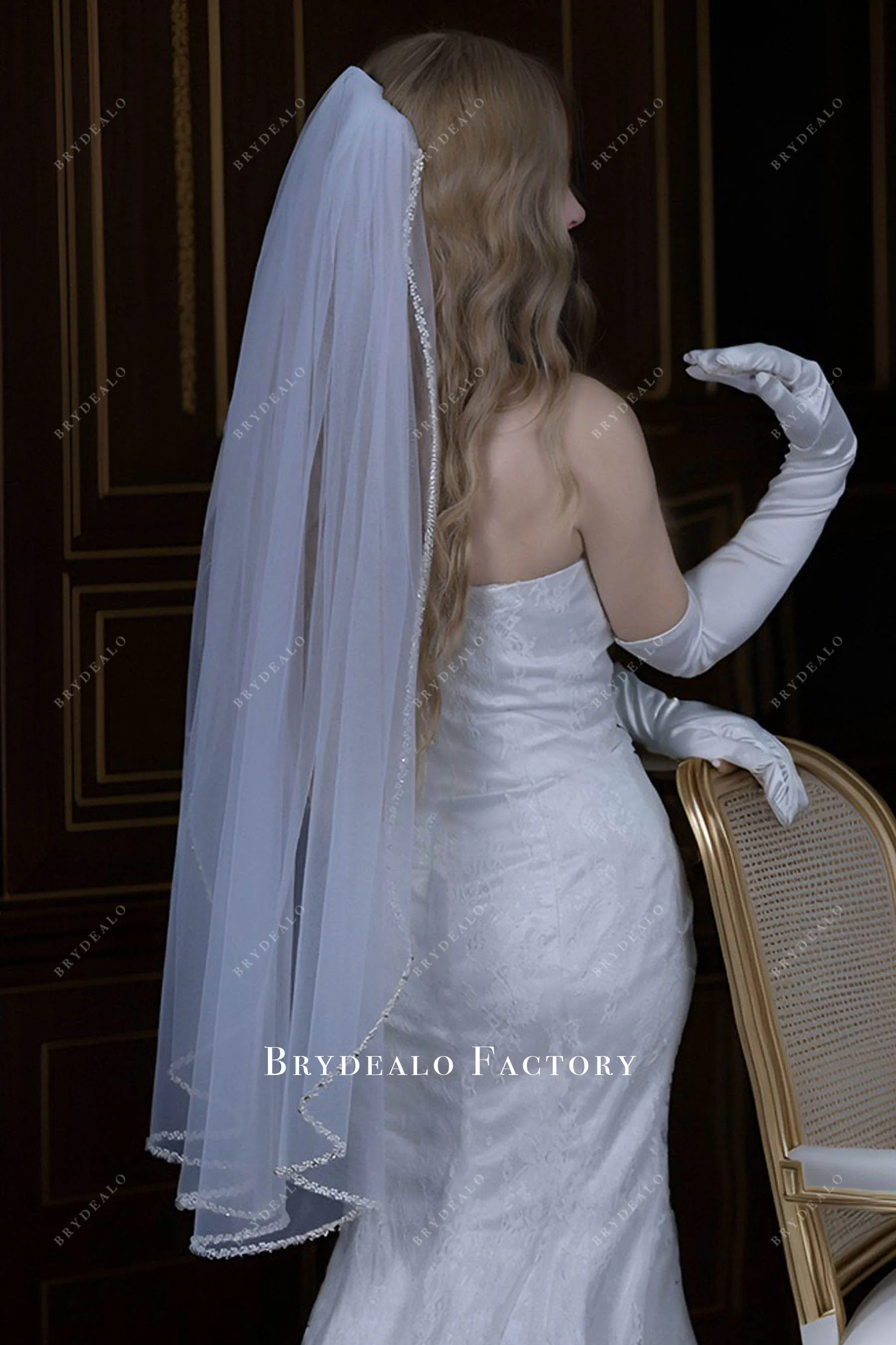 Delicate Hand-Sewn Pearl Edge Fingertip Length Veil