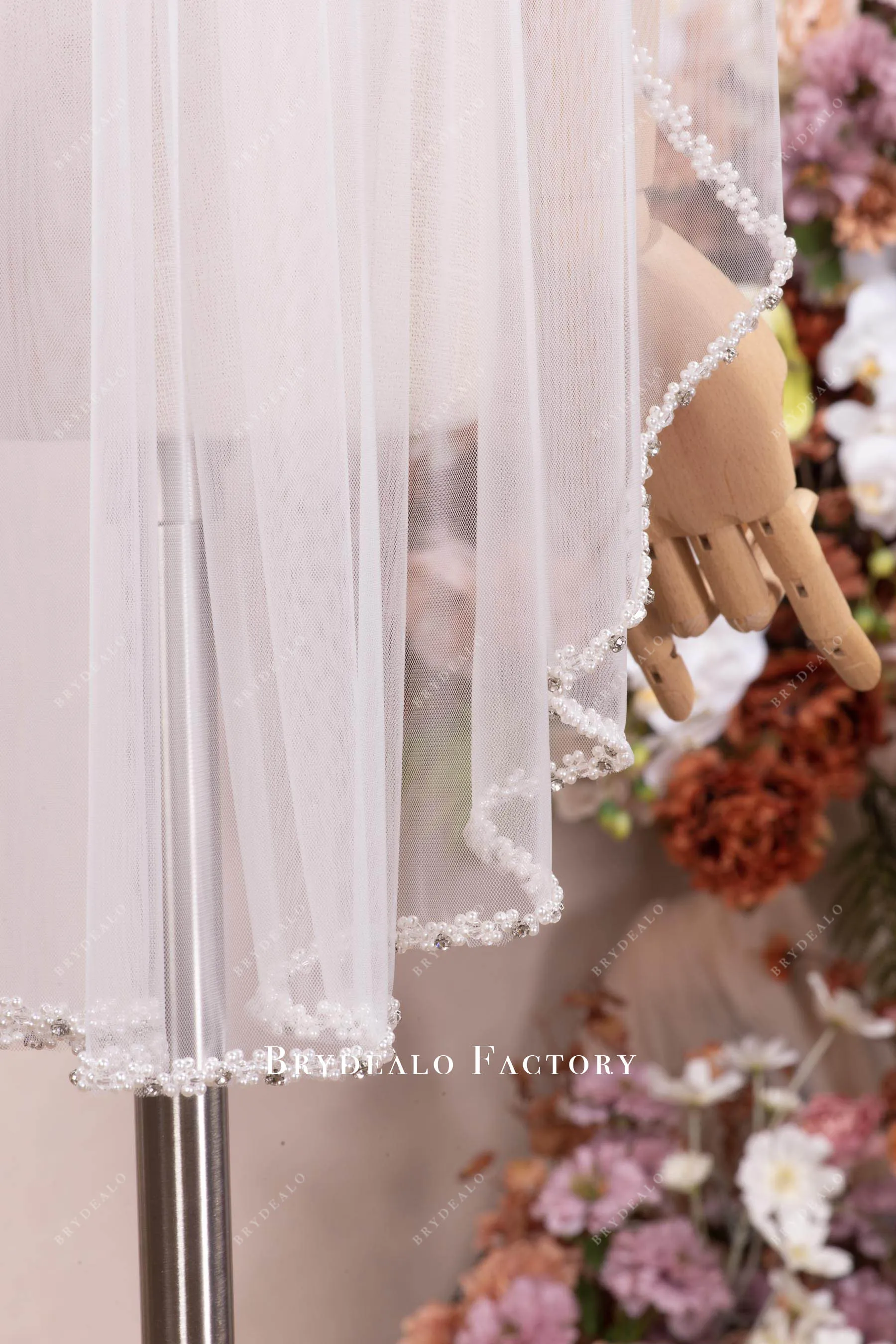 Delicate Hand-Sewn Pearl Edge Fingertip Length Veil