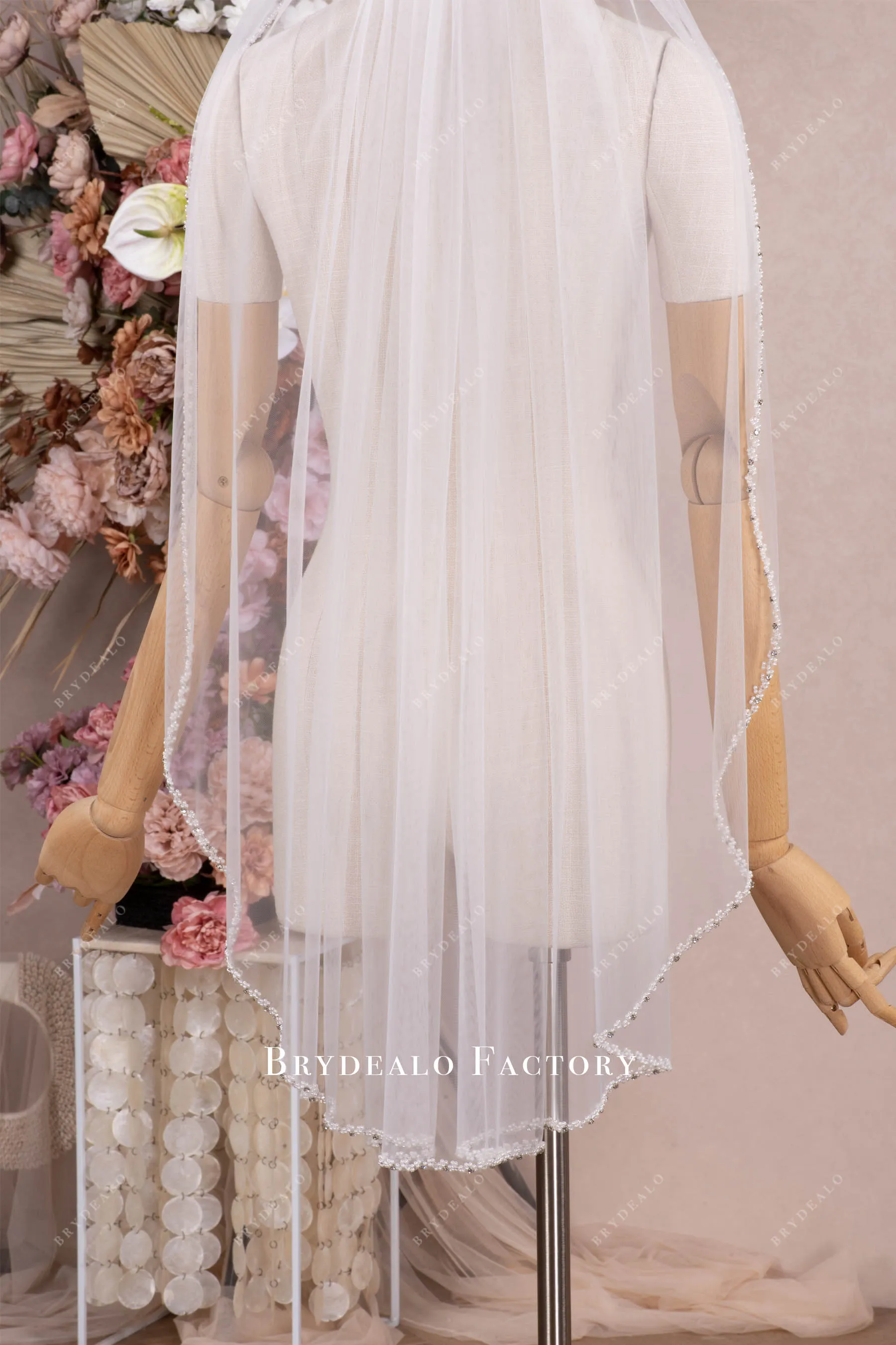 Delicate Hand-Sewn Pearl Edge Fingertip Length Veil