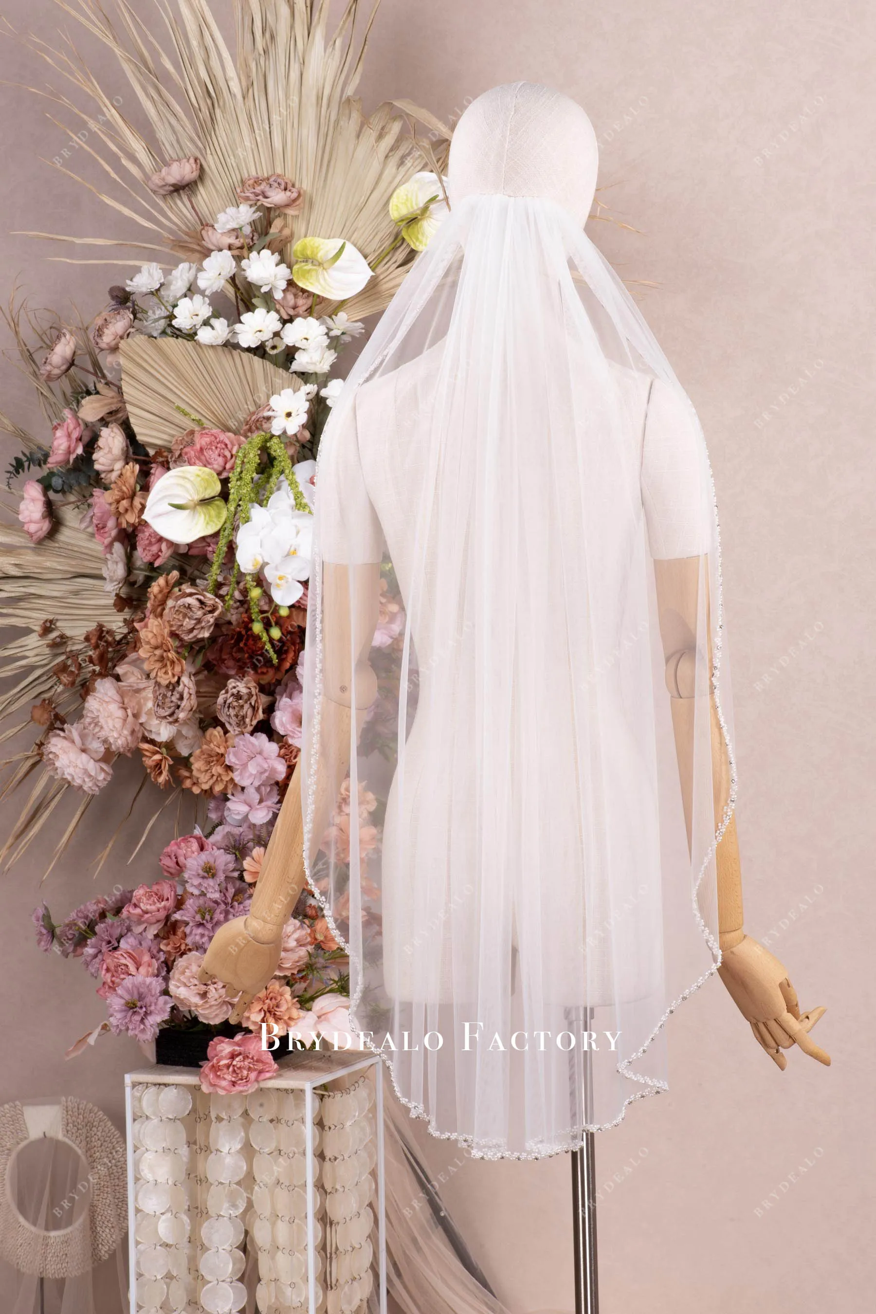 Delicate Hand-Sewn Pearl Edge Fingertip Length Veil