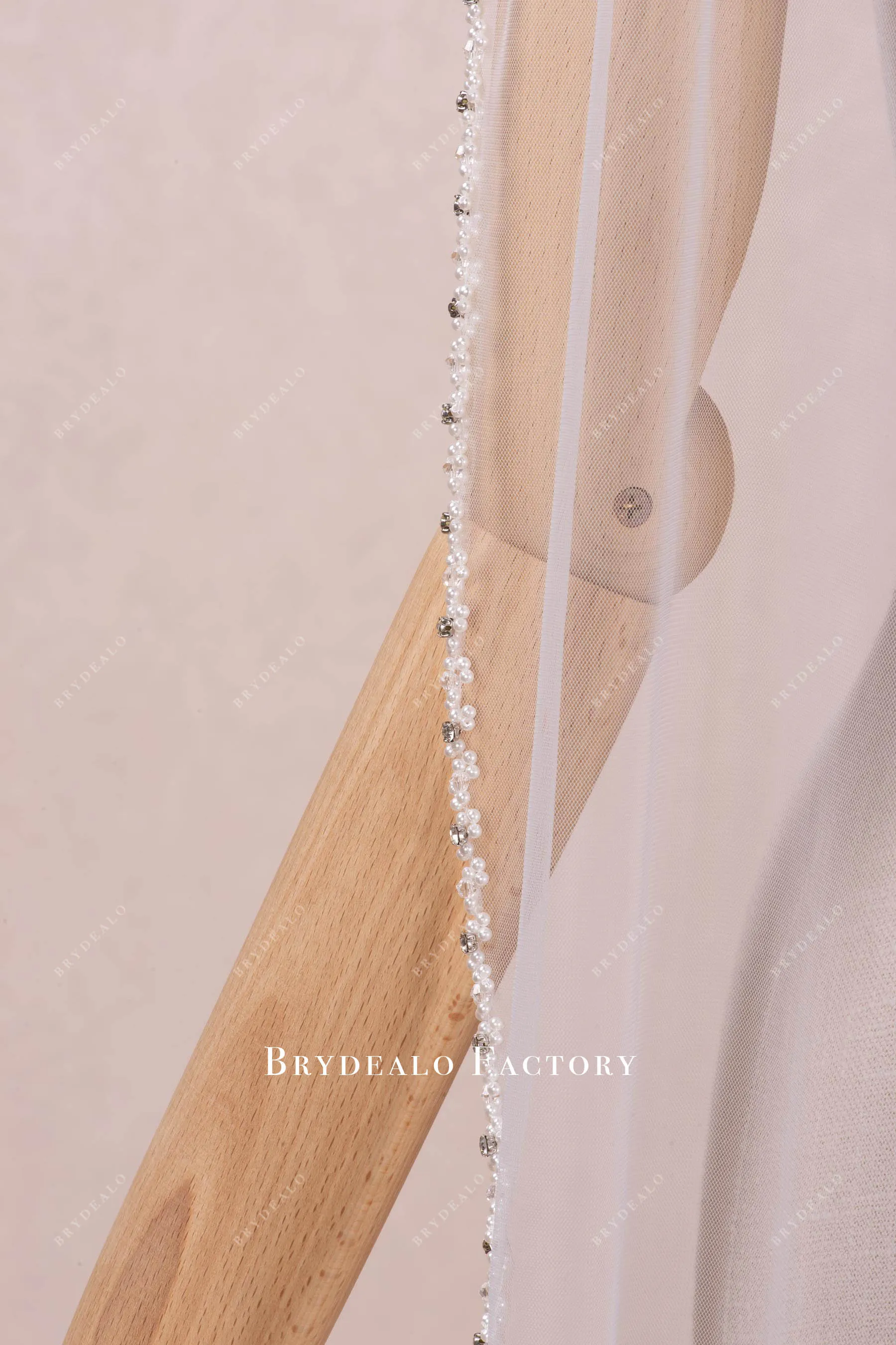 Delicate Hand-Sewn Pearl Edge Fingertip Length Veil