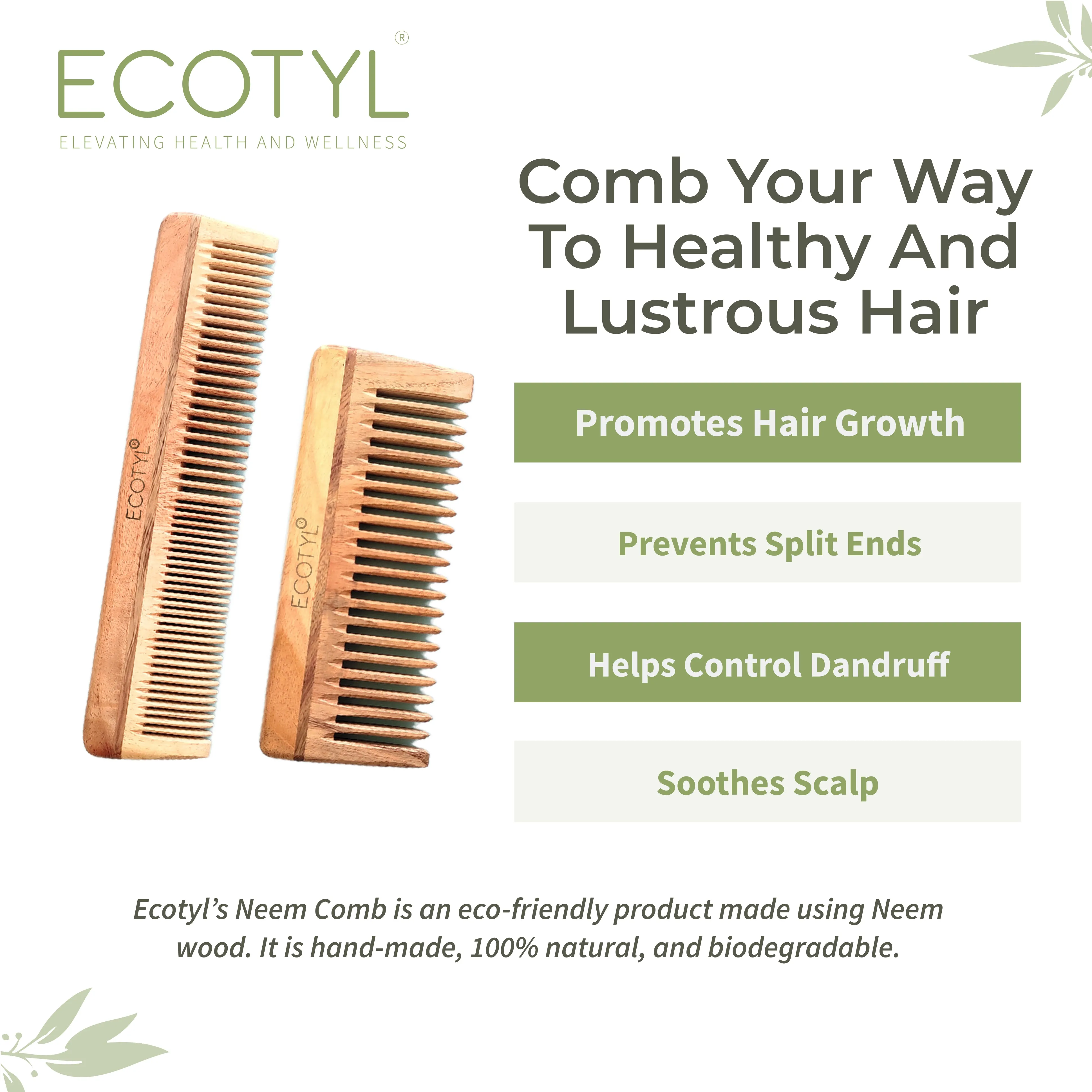 Ecotyl Neem Wood Comb Combo - Detangling Comb & Shampoo Comb | Gentle on Hair | Prevents Dandruff | Set of 2