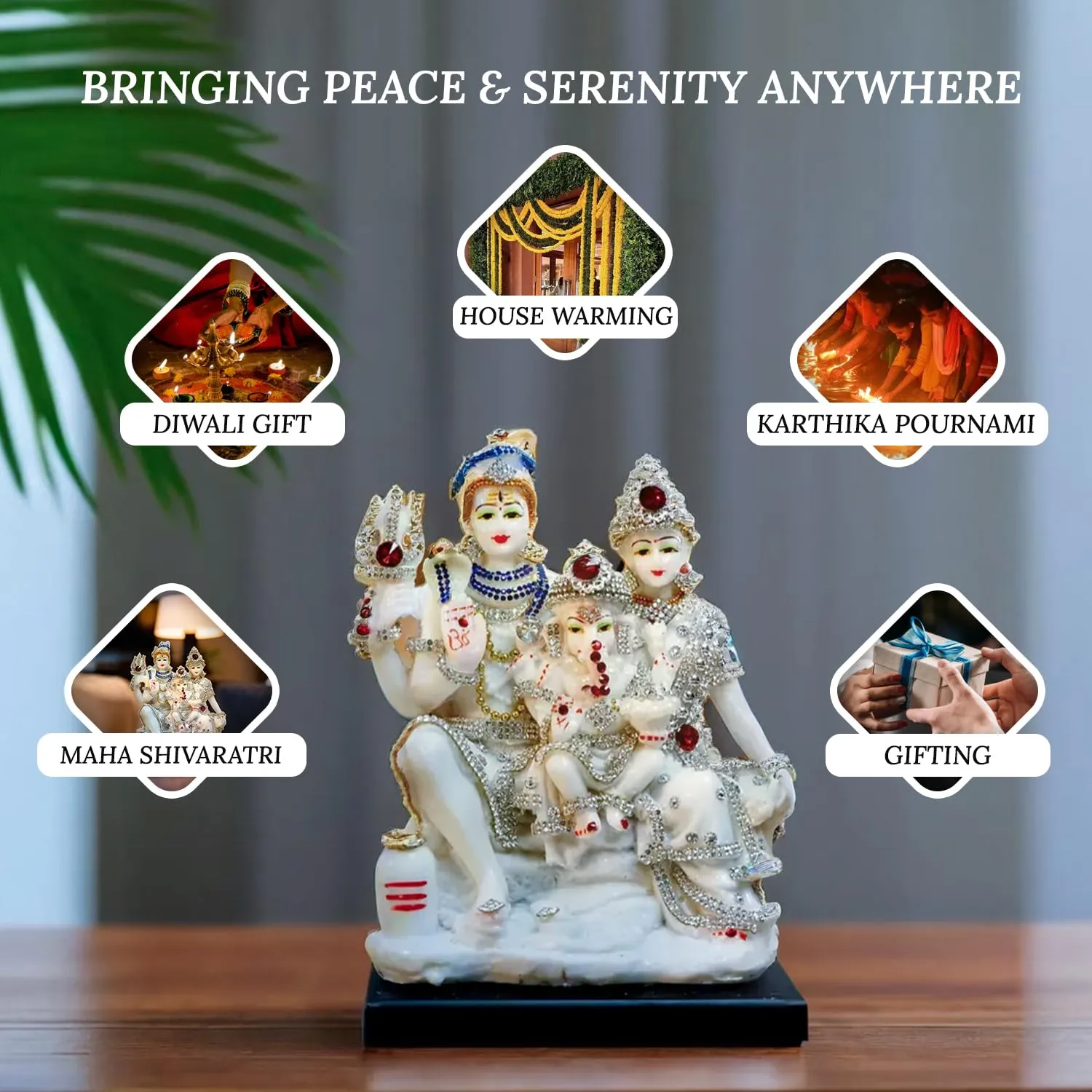 Ekhasa Aura Series Marble Dust Shiv Parivar Murti (8 inch, Medium Size) | Gemstone Zircon Studded Shiv Parvati Murti for Pooja, Home Decor | Resin Shiva Parvati Idol | Mahadev Bholenath Pariwar