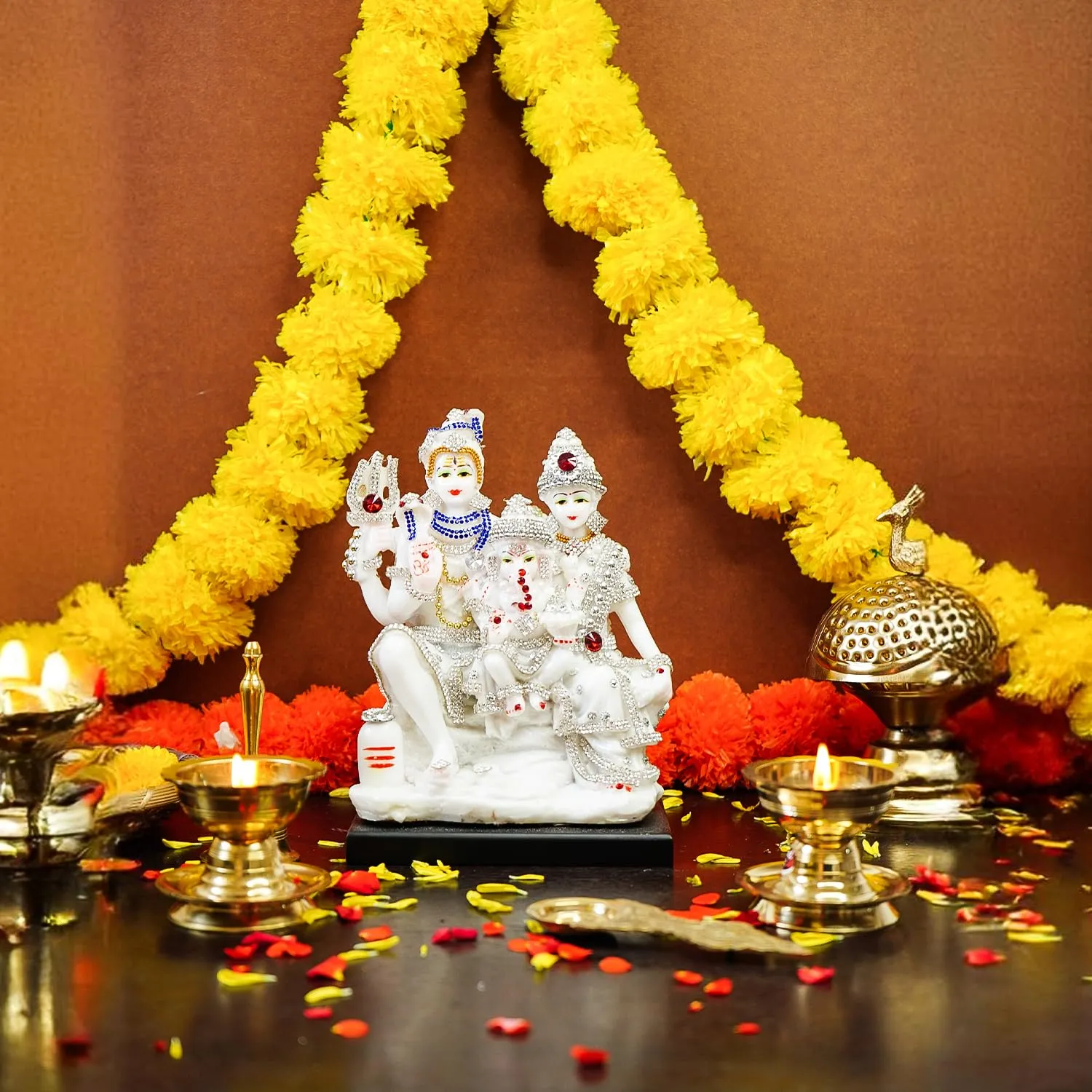 Ekhasa Aura Series Marble Dust Shiv Parivar Murti (8 inch, Medium Size) | Gemstone Zircon Studded Shiv Parvati Murti for Pooja, Home Decor | Resin Shiva Parvati Idol | Mahadev Bholenath Pariwar