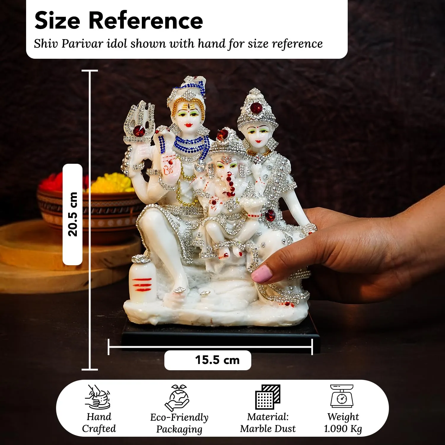 Ekhasa Aura Series Marble Dust Shiv Parivar Murti (8 inch, Medium Size) | Gemstone Zircon Studded Shiv Parvati Murti for Pooja, Home Decor | Resin Shiva Parvati Idol | Mahadev Bholenath Pariwar