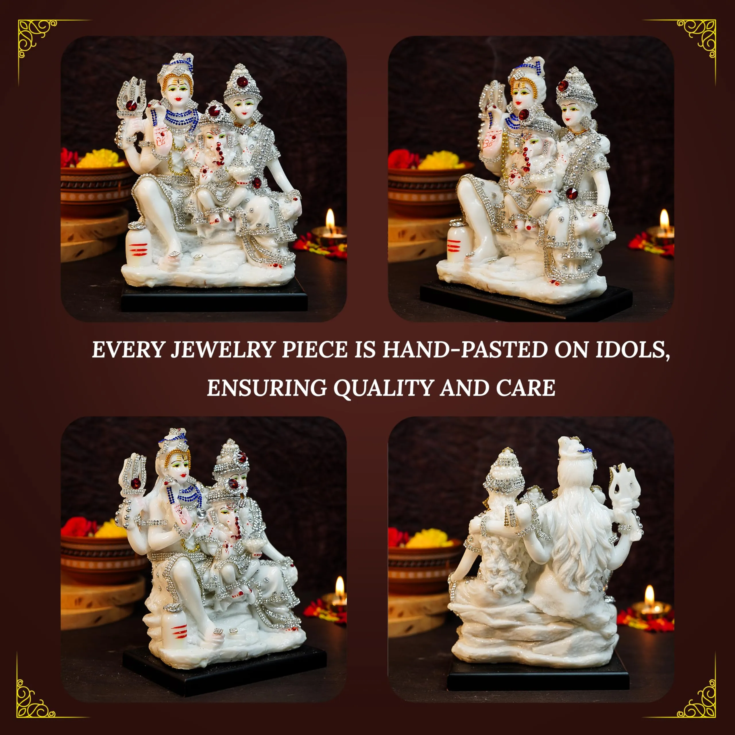 Ekhasa Aura Series Marble Dust Shiv Parivar Murti (8 inch, Medium Size) | Gemstone Zircon Studded Shiv Parvati Murti for Pooja, Home Decor | Resin Shiva Parvati Idol | Mahadev Bholenath Pariwar