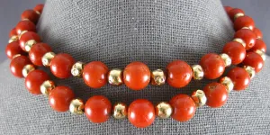 ESTATE LONG AAA CORAL 18KT YELLOW GOLD 3D CLASSIC BEADED FUN NECKLACE