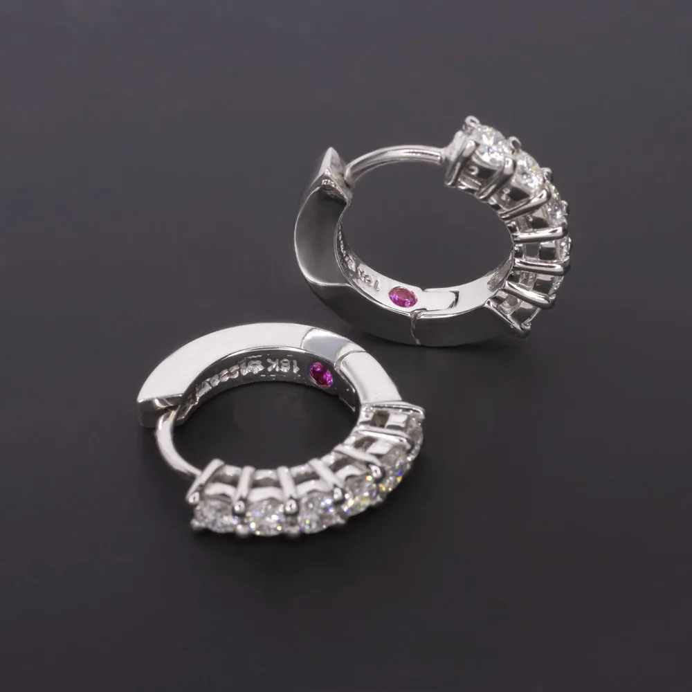 EXCELLENT CUT DIAMOND HUGGIE HOOP EARRINGS 3/4 CARAT G-H VS 18k WHITE GOLD RUBY