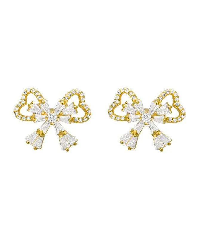 Fashion Gold Sterling Silver Alloy Zircon Bow Stud Earrings KX1001