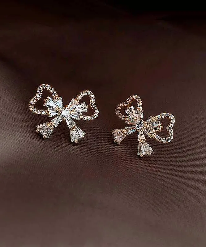 Fashion Gold Sterling Silver Alloy Zircon Bow Stud Earrings KX1001