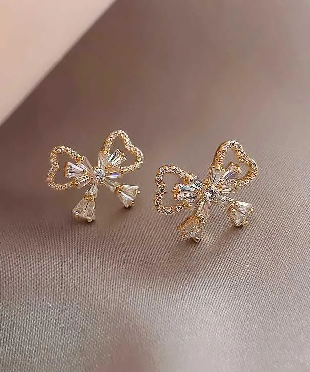 Fashion Gold Sterling Silver Alloy Zircon Bow Stud Earrings KX1001