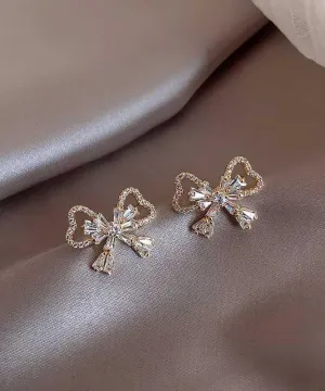 Fashion Gold Sterling Silver Alloy Zircon Bow Stud Earrings KX1001