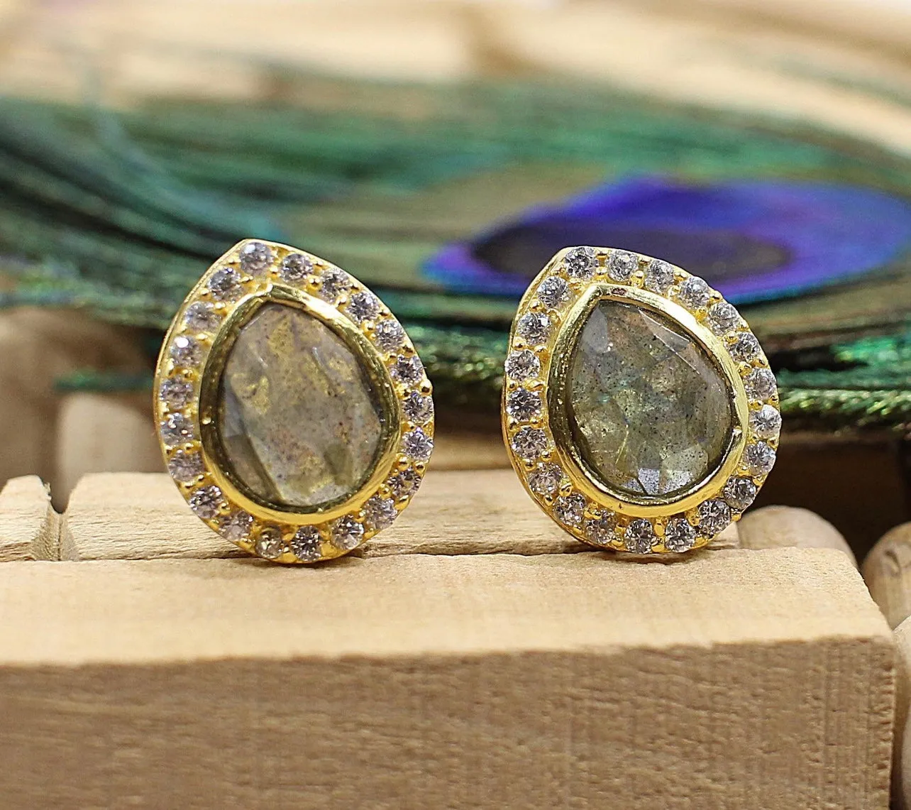 Fire Labradorite Zircon Stud Earrings 1"