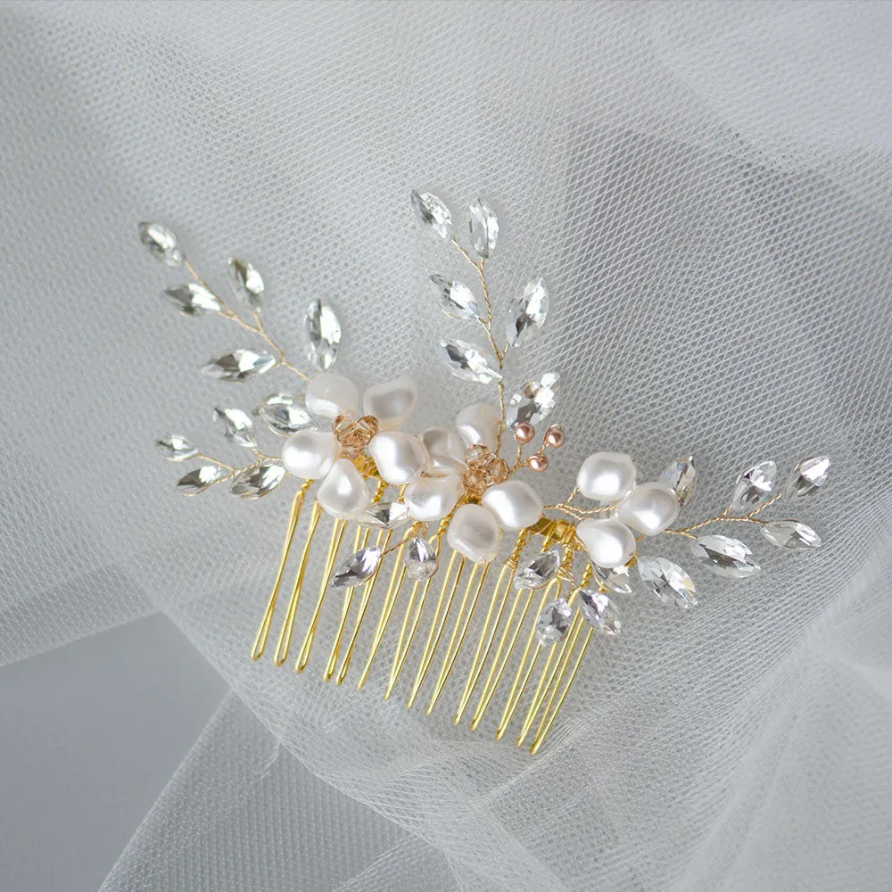 Floral Swarovski Pearls and Navette Crystal Handmade Wedding Comb Headpiece