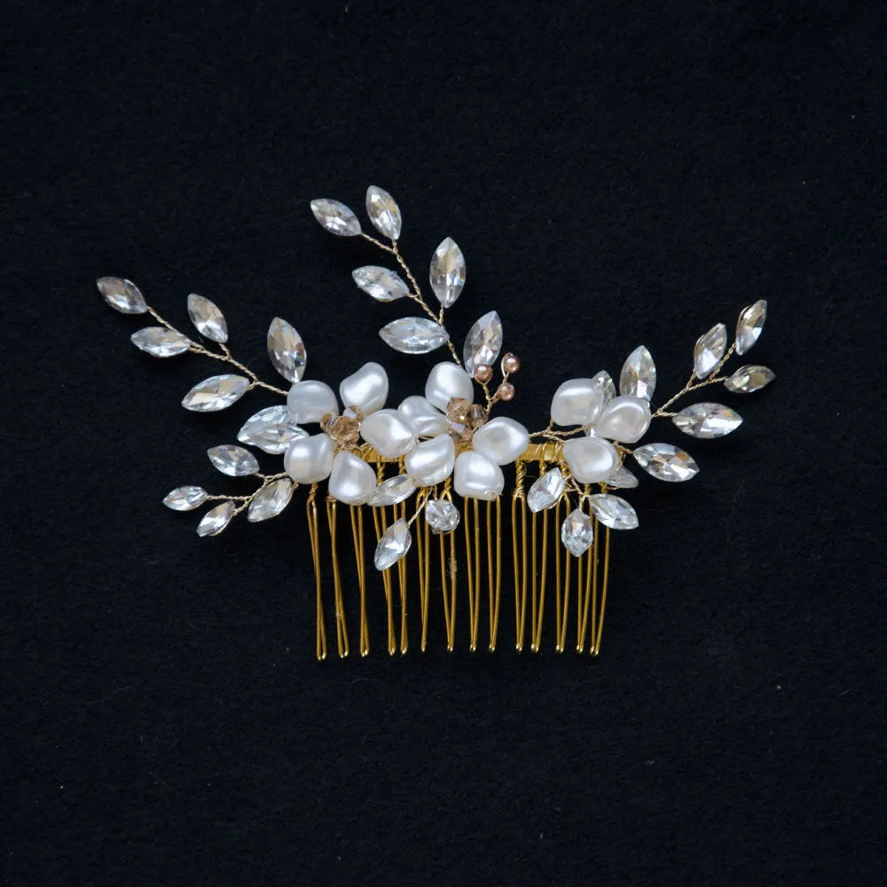 Floral Swarovski Pearls and Navette Crystal Handmade Wedding Comb Headpiece