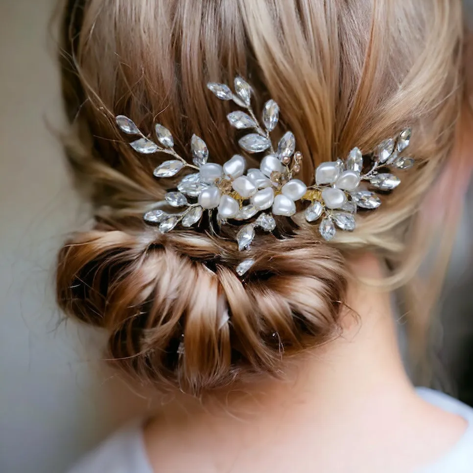 Floral Swarovski Pearls and Navette Crystal Handmade Wedding Comb Headpiece