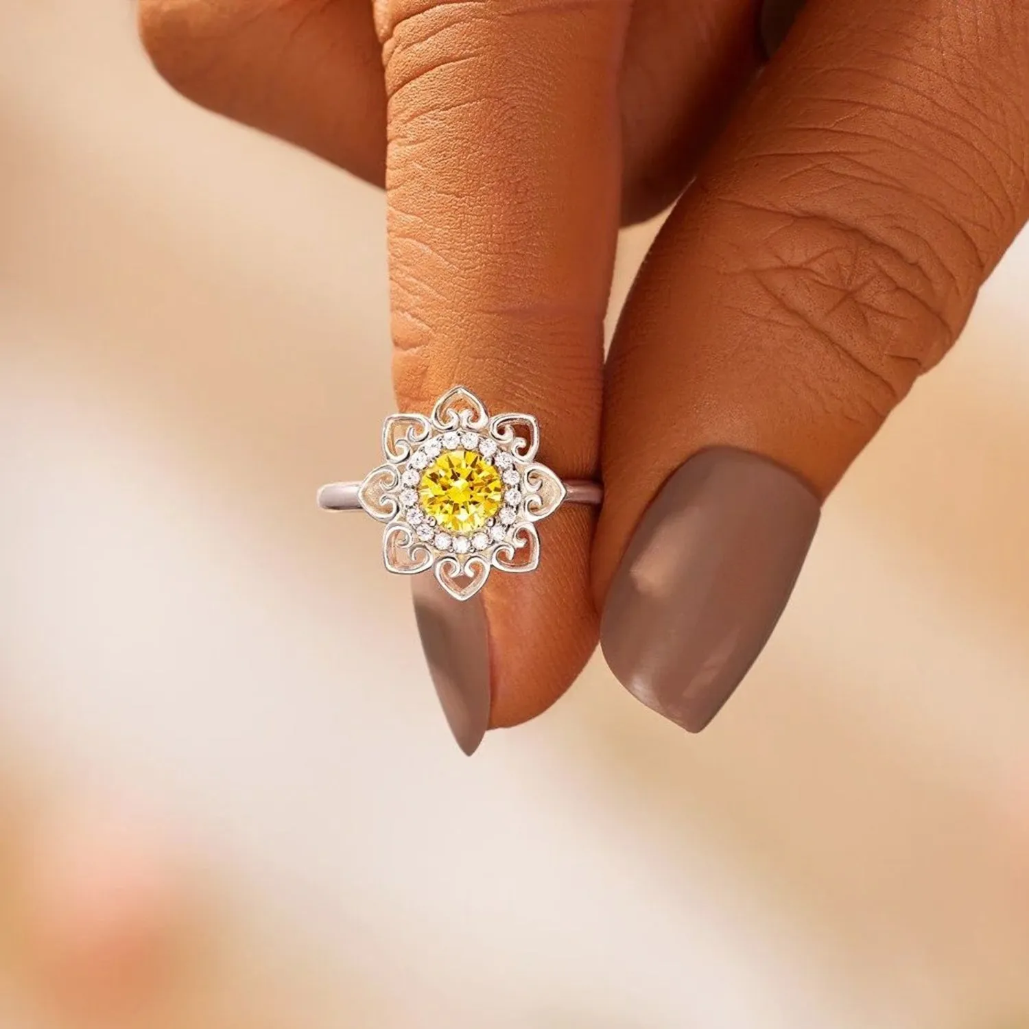 Flower Shape Zircon Platinum-Plated 925 Sterling Silver Ring