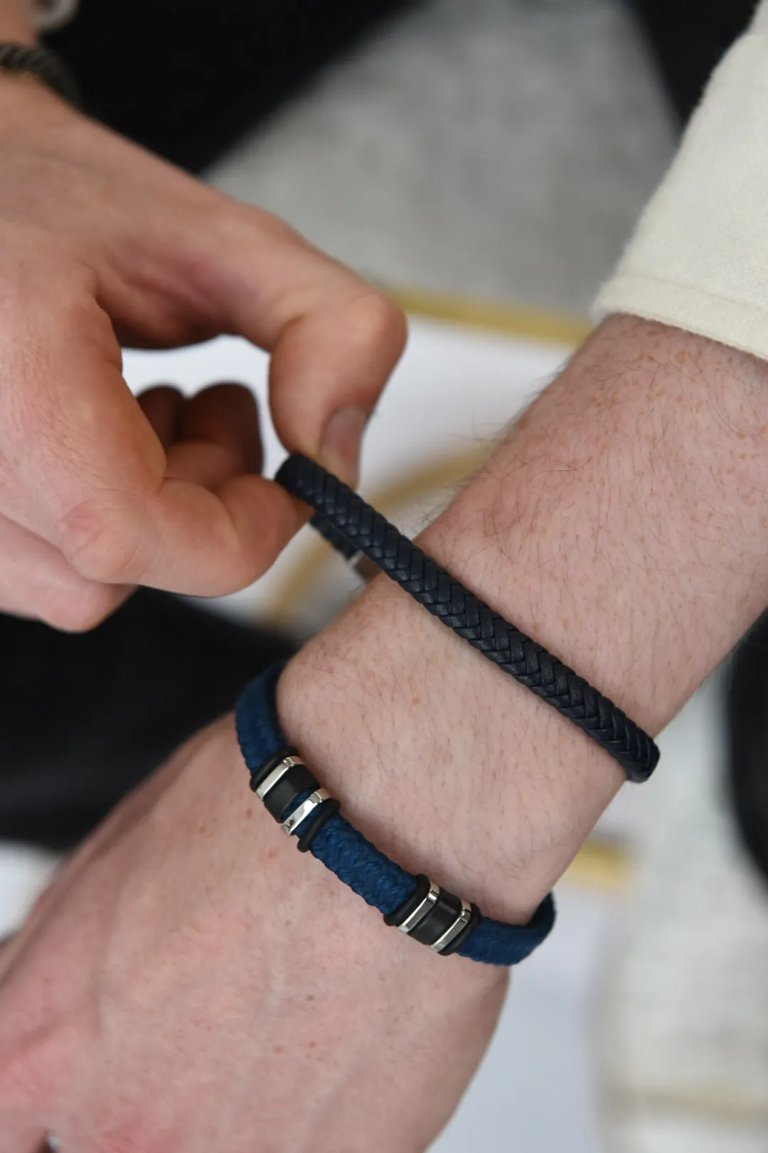 Gents Navy Leather Strap Bracelet With Stainless Steel Catch